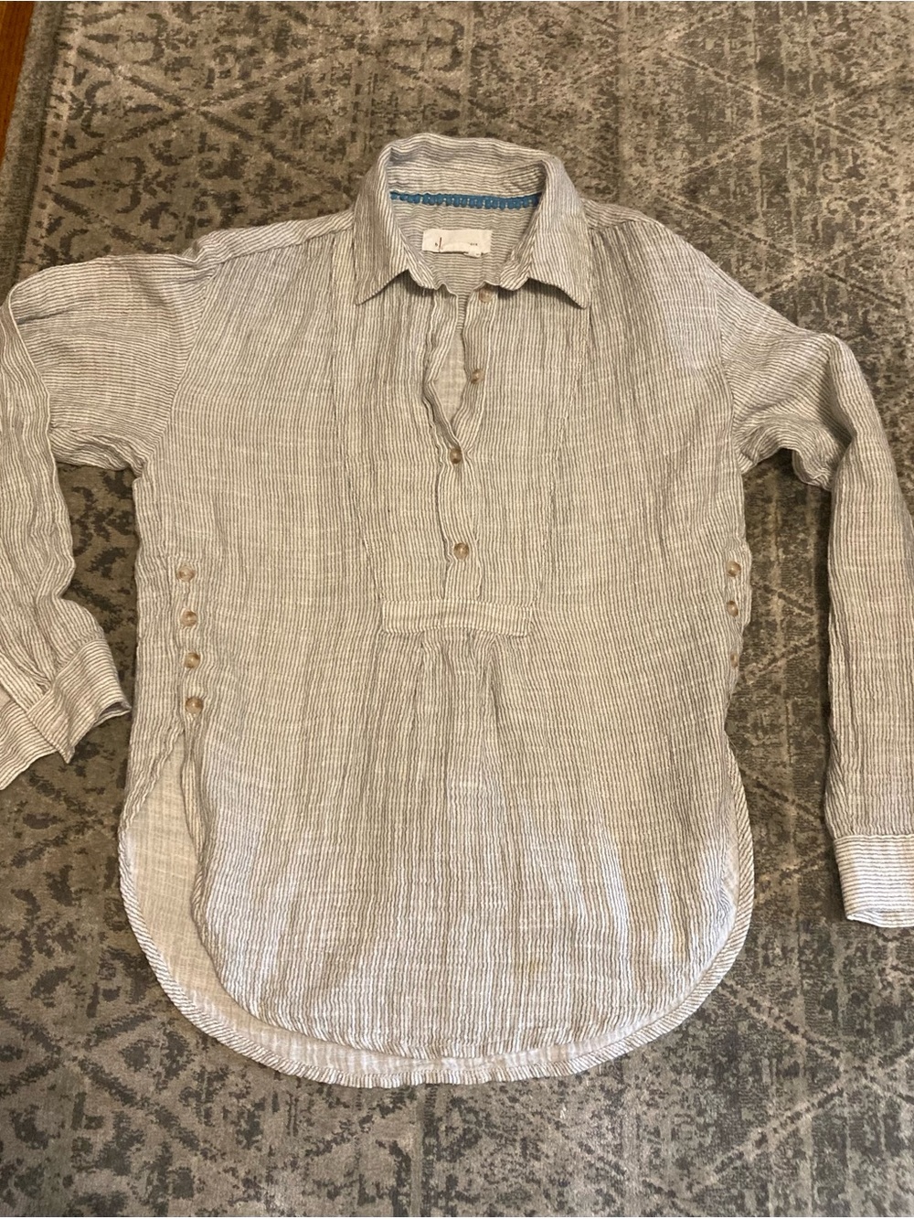 Vintage Anthropologie Light Gray Striped Linen Button-Down Shirt